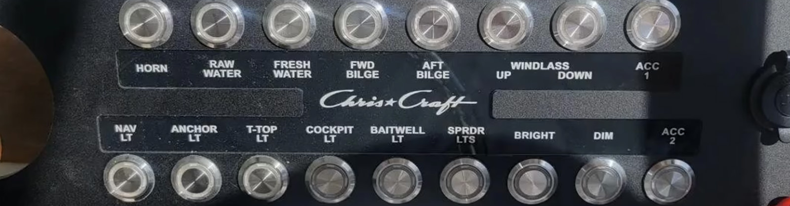 Newly installed Chris Craft console switches handled by C&S Marine Electrical in Newport, North Carolina.